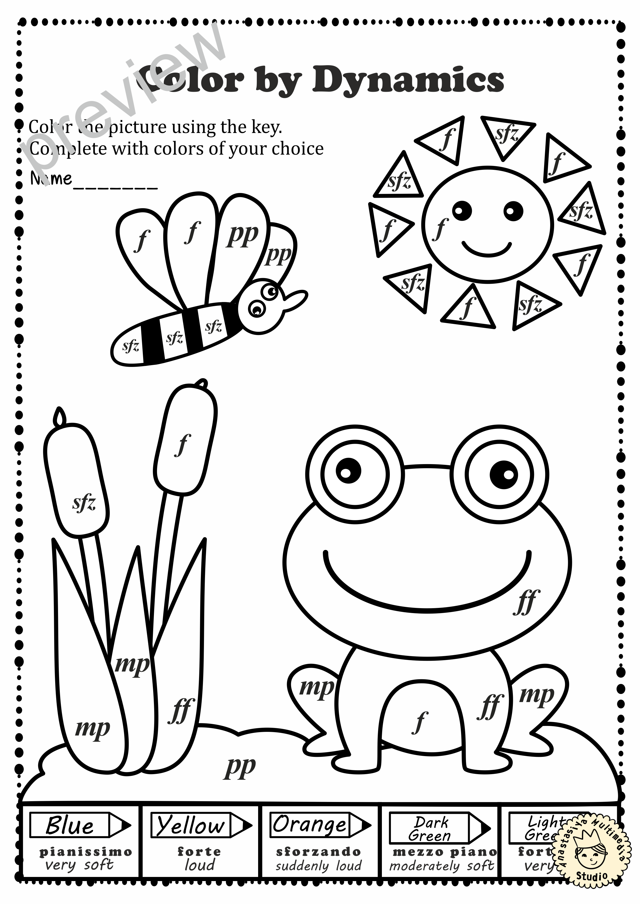 Musical coloring pages for spring color by dynamics with answers