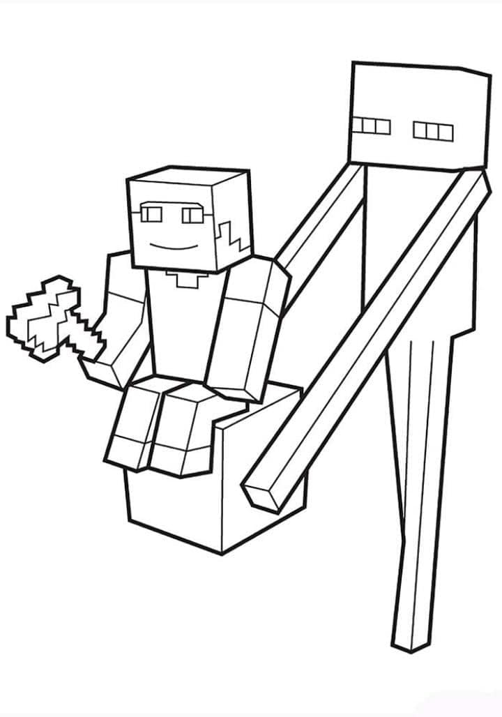 Minecraft steve and enderman coloring page