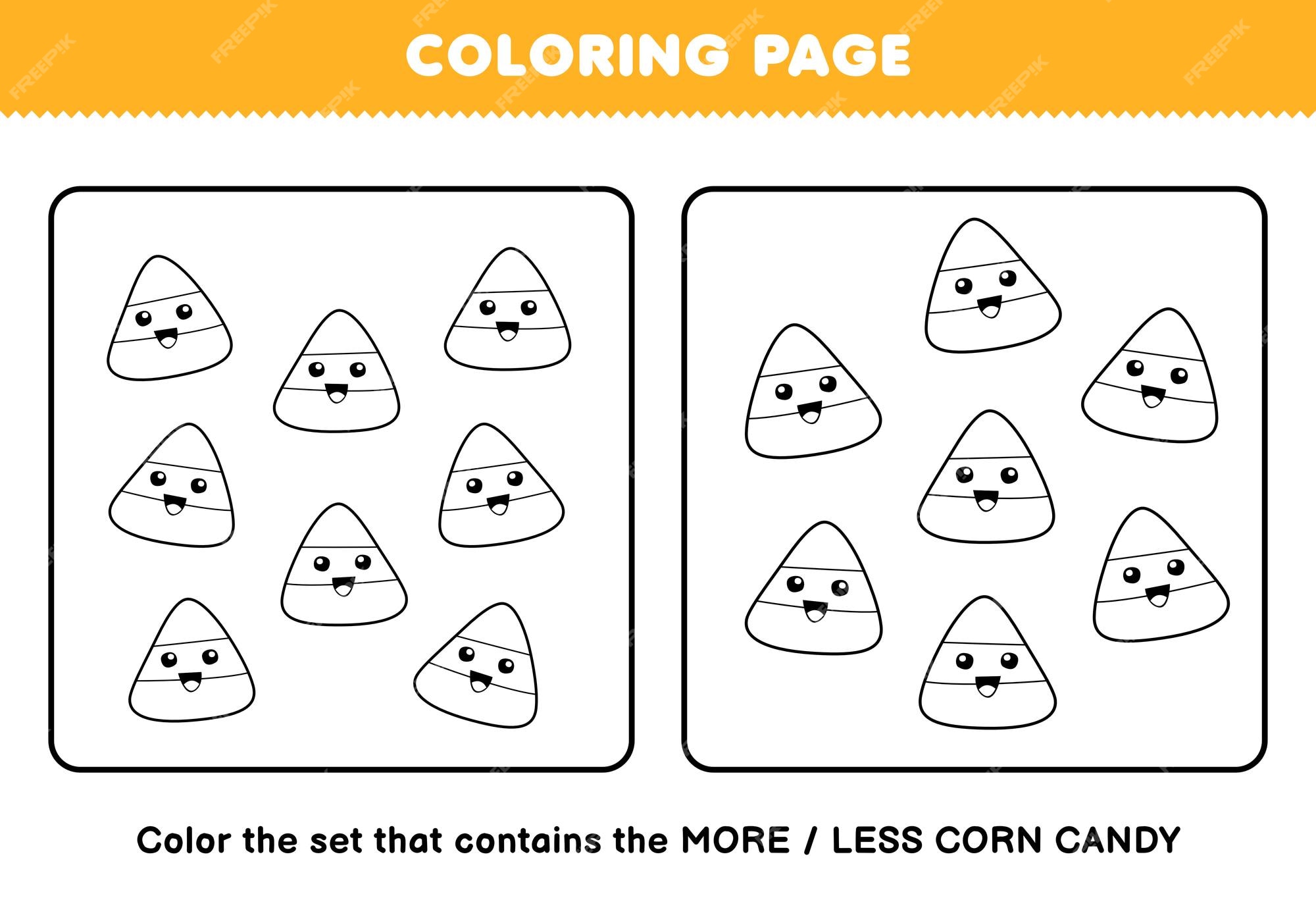 Premium vector education game for children coloring page more or less picture of cute cartoon corn candy line art set halloween printable worksheet