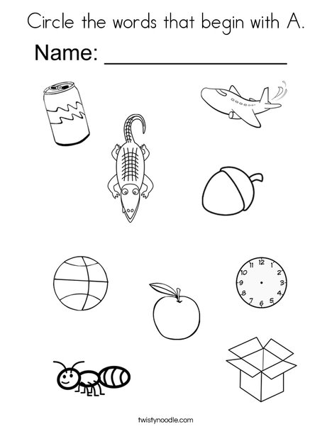 Circle the words that begin with a coloring page