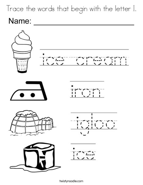 Trace the words that begin with the letter i coloring page
