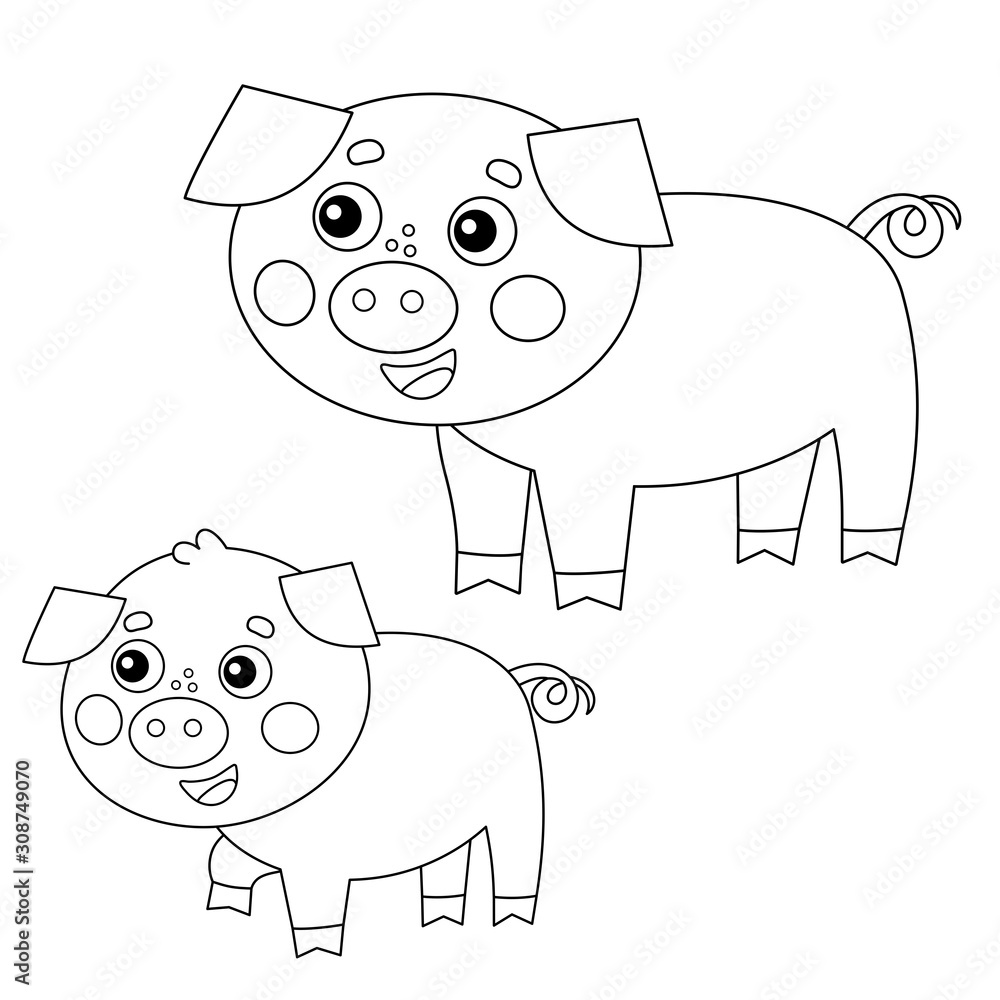 Coloring page outline of cartoon pig with piggy farm animals coloring book for kids vector