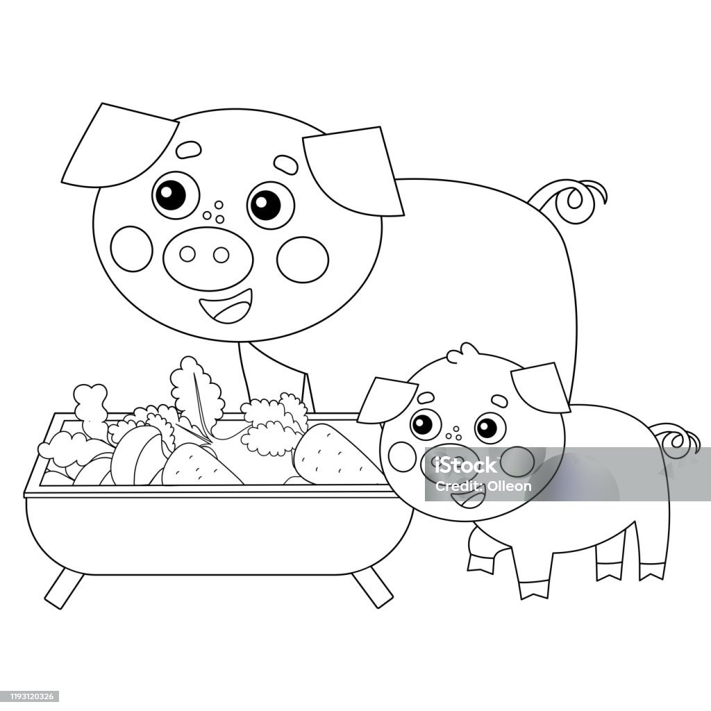 Coloring page outline of cartoon pig with piggy farm animals coloring book for kids stock illustration