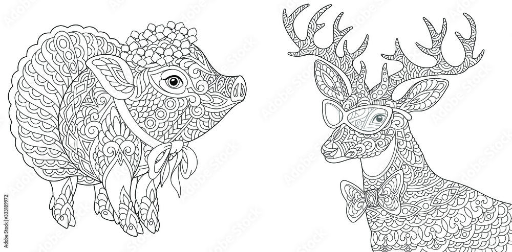 Coloring pages cute piggy and deer vector