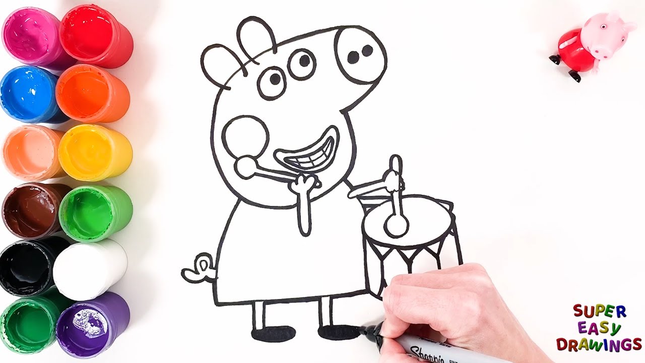 How to draw and paint peppa pig plays a dru