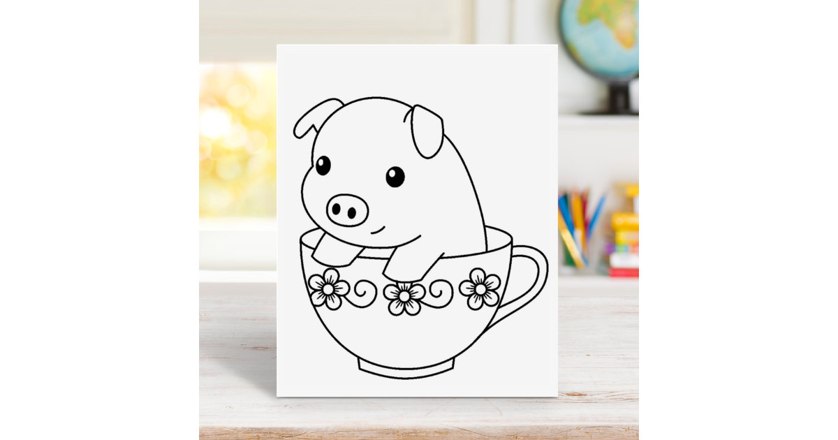 Cute piglet pig in a teacup coloring page rubber stamp