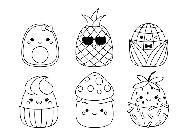 Premium vector pineapple avocado corn cupcake amanita coloring page squishmallow black and white color me isolated vector illustration eps