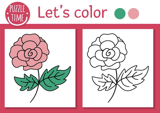 Premium vector magic kingdom coloring page for children with rose vector fairytale outline illustration with cute pink flower color book for kids with colored example drawing skills printable worksheetxa