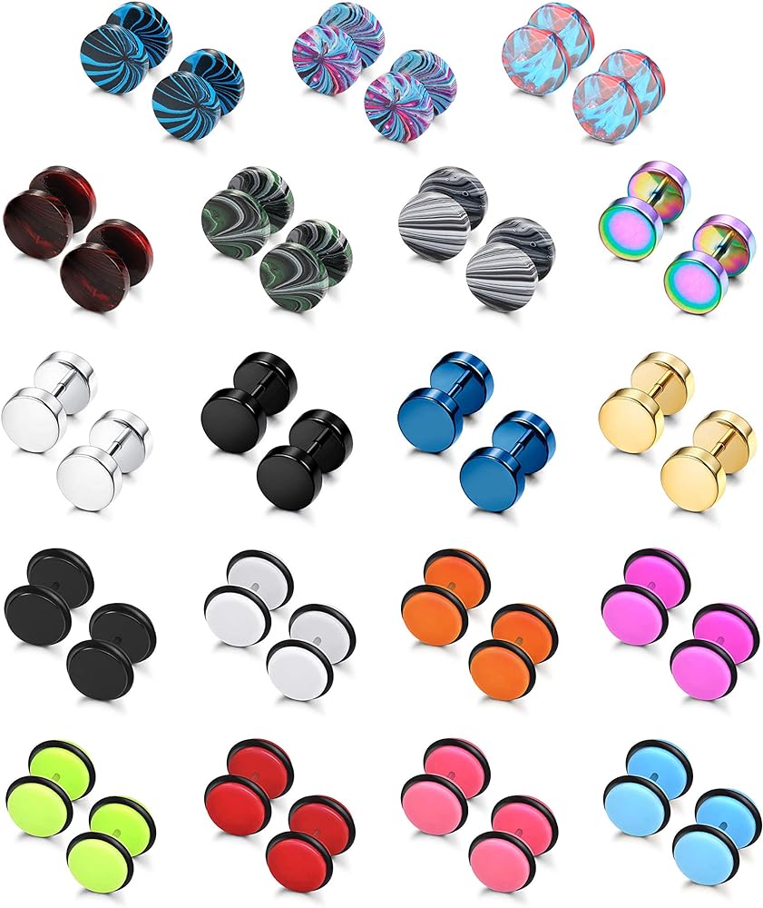 Sailimue pairs stainless steel men earrings studs ear piercing plugs tunnel screw design fake gauges earrings flat back stud earring set for men women clothing shoes jewelry