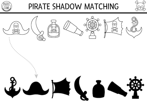 Premium vector pirate black and white shadow matching activity treasure island hunt line puzzle with cute hat sable bottle anchor flag find correct silhouette worksheet sea adventures coloring page for kidsxa