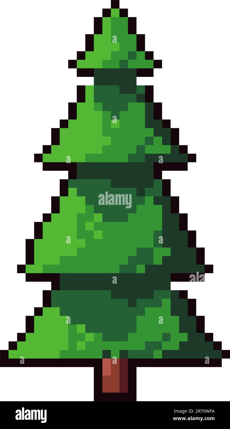 Wood or forest play scene decoration pixel pine tree with foliage and twigs nature and wilderness plants and decor pixelated isolated icon for b stock vector image art