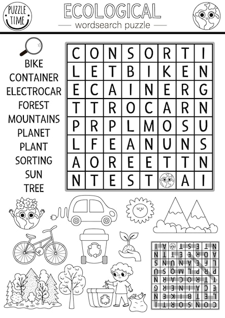 Premium vector vector ecological wordsearch puzzle for kids black and white earth day word search coloring page with forest waste sorting planet eco awareness educational activity environment friendly cross word