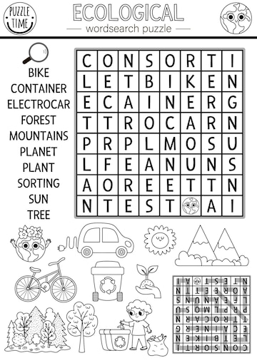 Premium vector vector ecological wordsearch puzzle for kids black and white earth day word search coloring page with forest waste sorting planet eco awareness educational activity environment friendly cross word