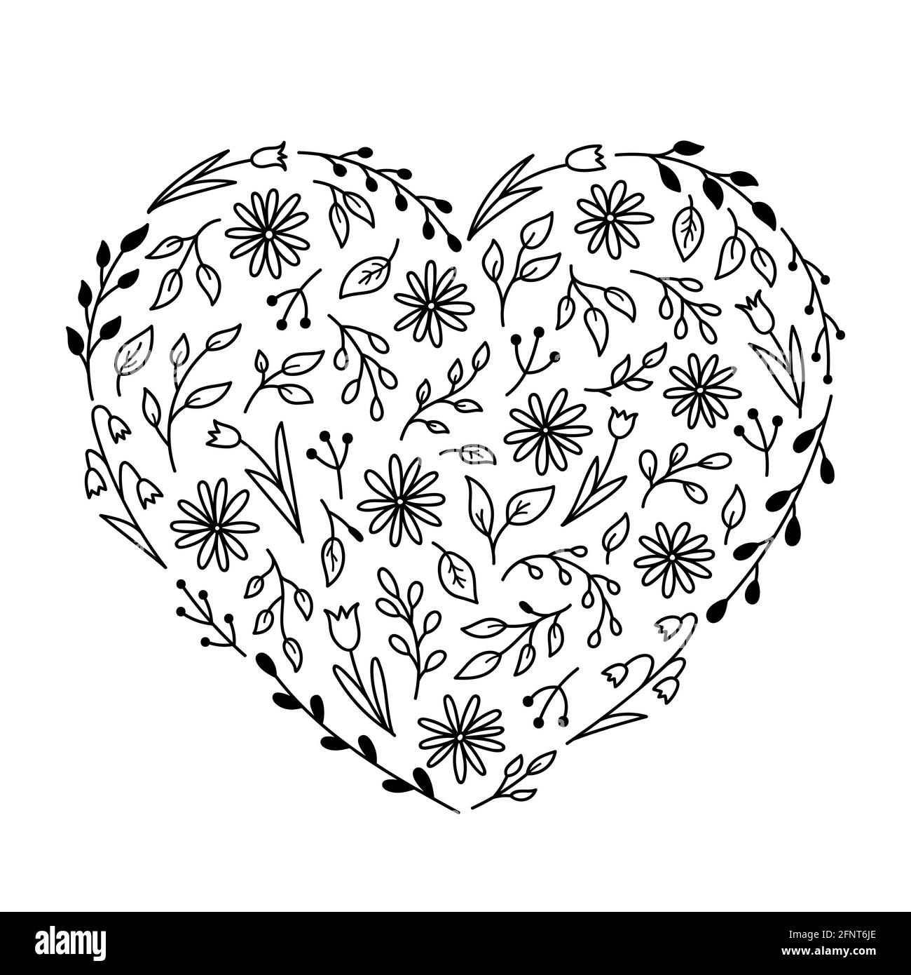 Elementos floral en forma de corazãn camomilos tulipan ramitas de primavera y hojas en tilo de fideos ilustraciãn vectorial dibujada a mano plantilla para el diseão de tarjetas de felicitaciãn invitacion portadas