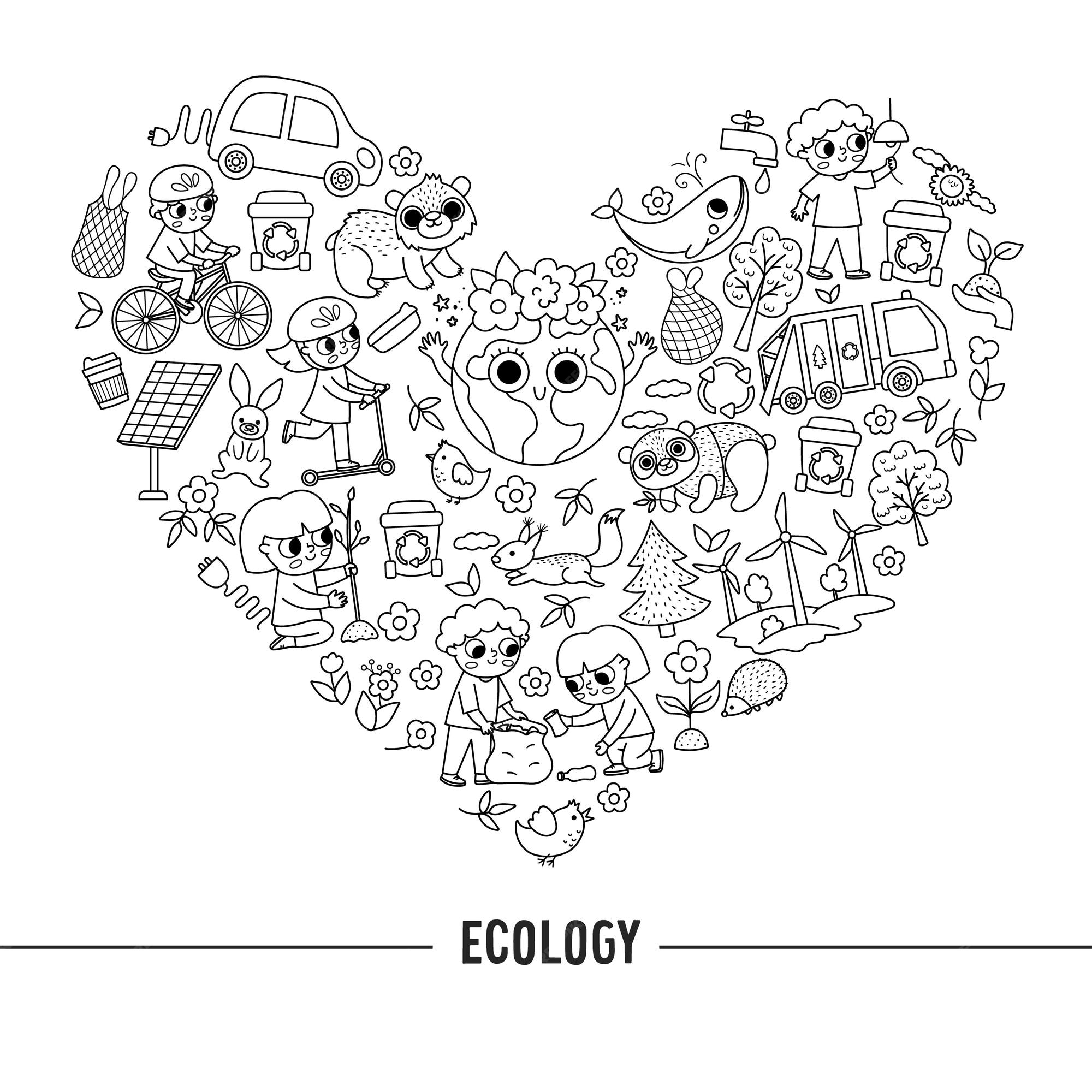 Marco en forma de corazãn ecolãgico vectorial en blanco y negro con niãos lindos que cuidan de la naturaleza plantilla de tarjeta del dãa de la tierra para invitacion de pancartas pãgina