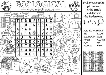 Premium vector vector ecological wordsearch puzzle for kids black and white earth day word search quiz with eco city landscape eco awareness line activity environment friendly cross word coloring page