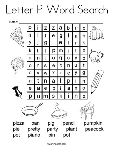 Letter p word search coloring page