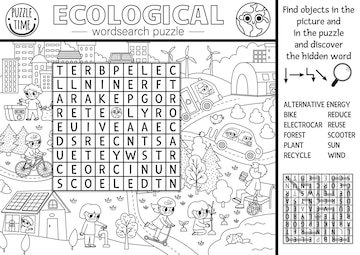 Premium vector vector ecological wordsearch puzzle for kids black and white earth day word search quiz with eco city landscape eco awareness line activity environment friendly cross word coloring page