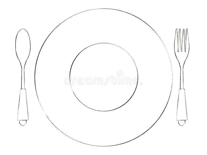 Digitally drawn coloring page with illustrations of vintage plate spoon and fork stock illustration