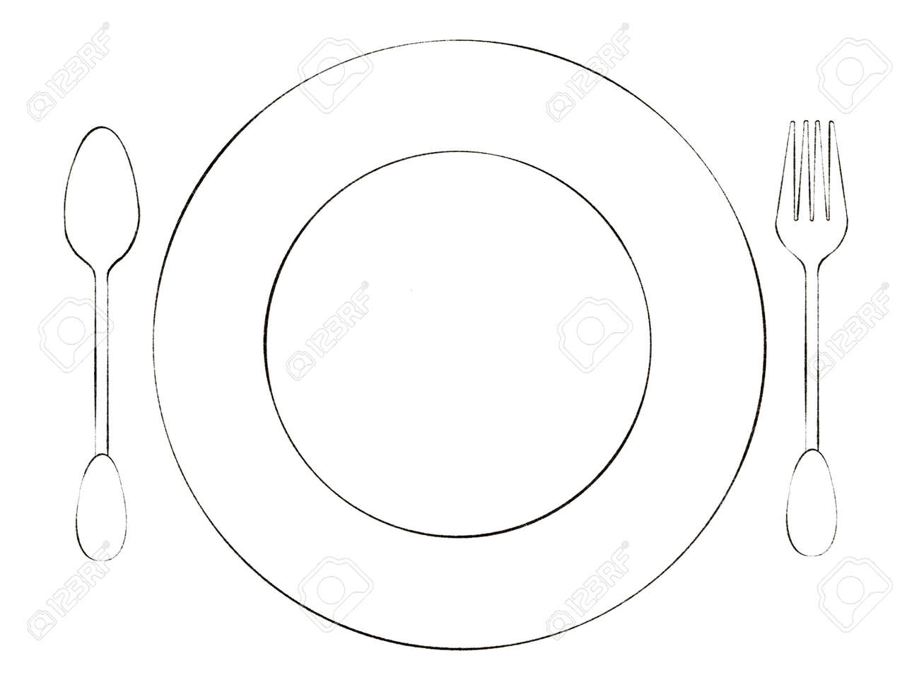 Digitally drawn coloring page with illustrations of vintage plate spoon and fork on white background for graphic or web design stock photo picture and royalty free image image