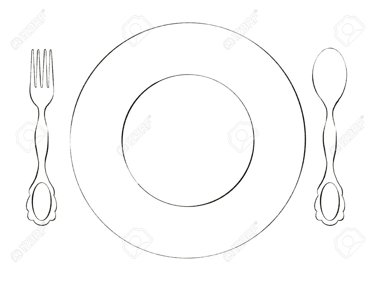 Digitally drawn coloring page with illustrations of vintage plate spoon and fork on white background for graphic or web design stock photo picture and royalty free image image