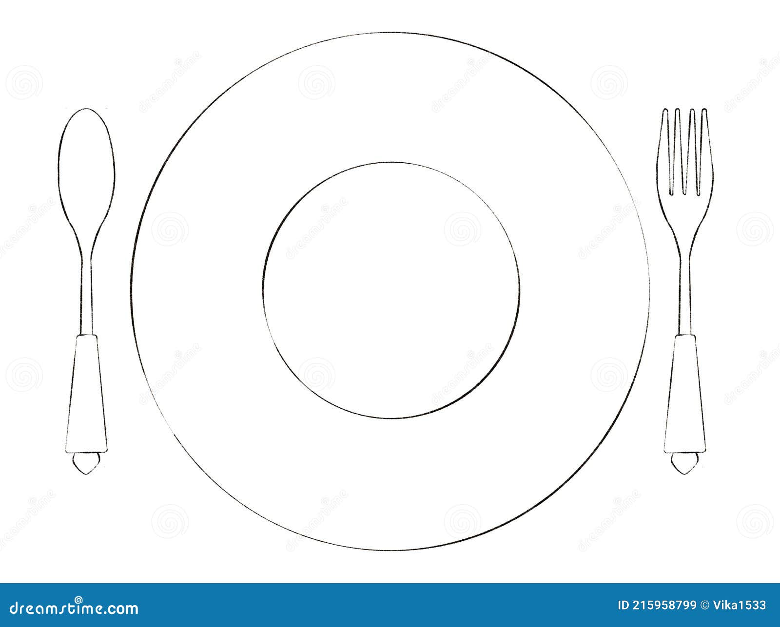 Digitally drawn coloring page with illustrations of vintage plate spoon and fork stock illustration