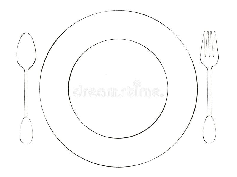 Digitally drawn coloring page with illustrations of vintage plate spoon and fork stock illustration