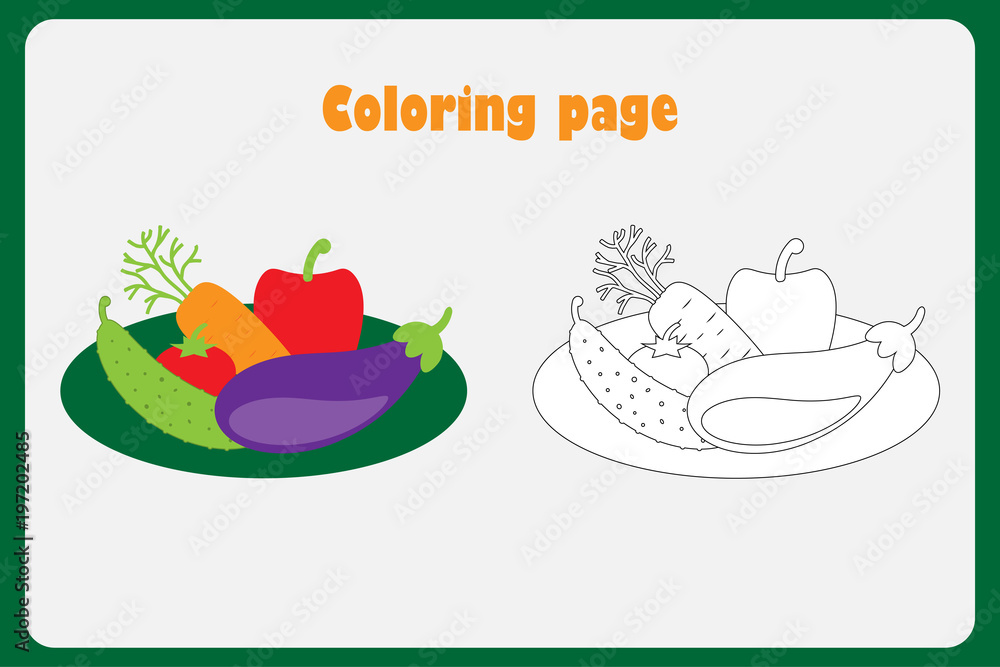 Different vegetables on the plate in cartoon style coloring page education paper game for the development of children kids preschool activity printable worksheet vector illustration vector