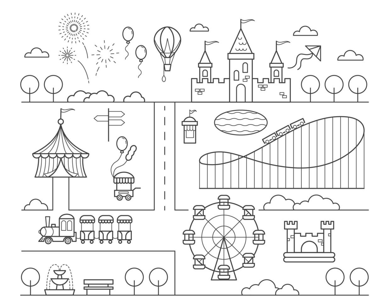 Amusement park map circus ferris wheel rollercoaster and attractions for kids children playground â in kids attractions maps illustration design amusement park