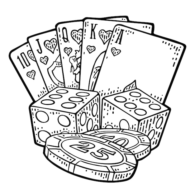 Premium vector casino set royal straight flush playing cards in hearts poker tokens dice vector vintage black engraving isolated on white background hand drawn design element for poster