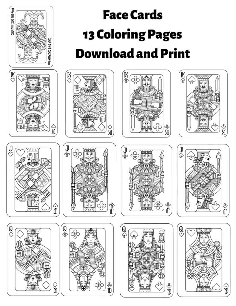 Face cards coloring pages plusface cards to colorplaying cardscard games for kids instant download