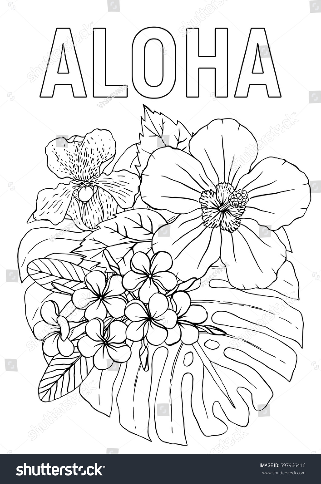 Aloha coloring book page hibiscus plumeria stock vector royalty free