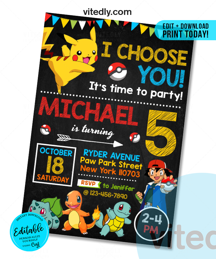 Editable pokemon invitation editable pokemon birthday invitation â