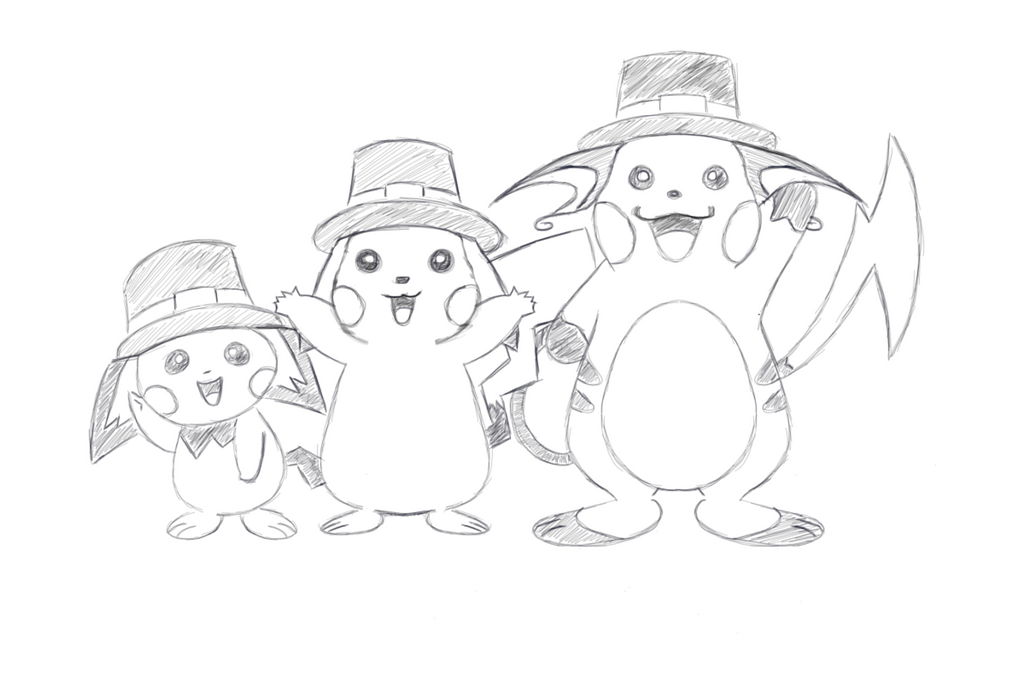 Pikachu family thanksgiving no color by greatfanman on