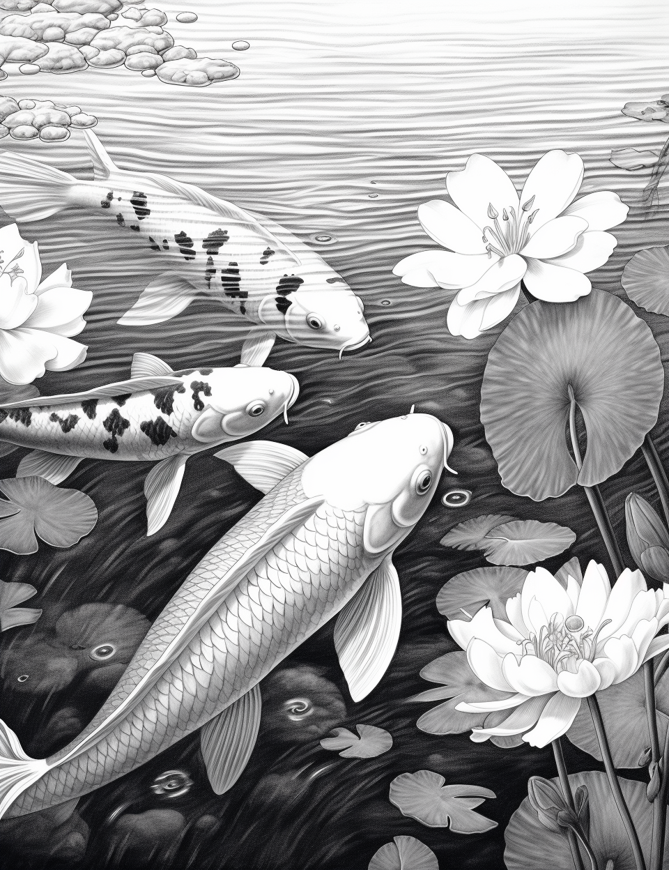 Tranquil koi pond grayscale adult coloring pages printable pdf ins â coloring