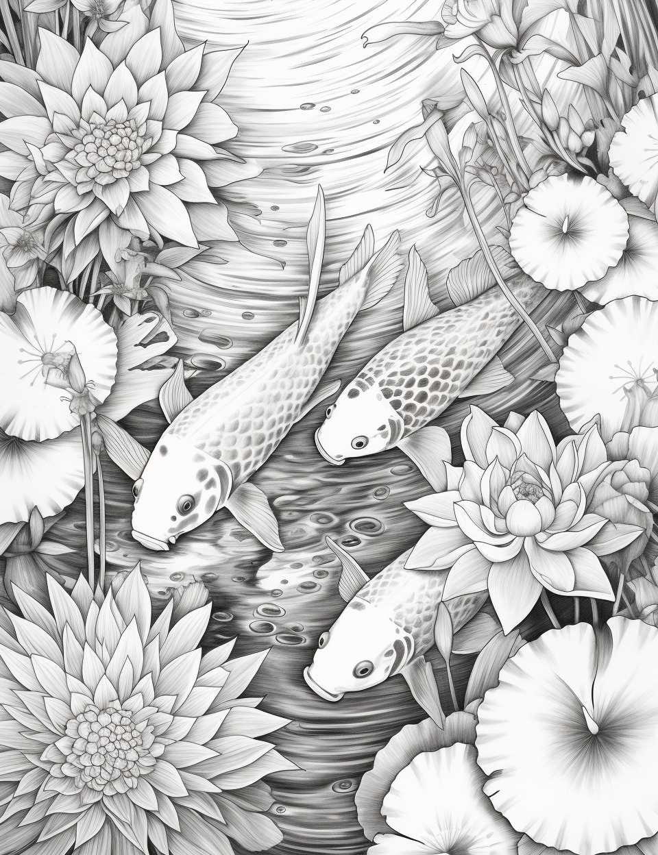 Tranquil koi pond grayscale adult coloring pages printable pdf ins â coloring