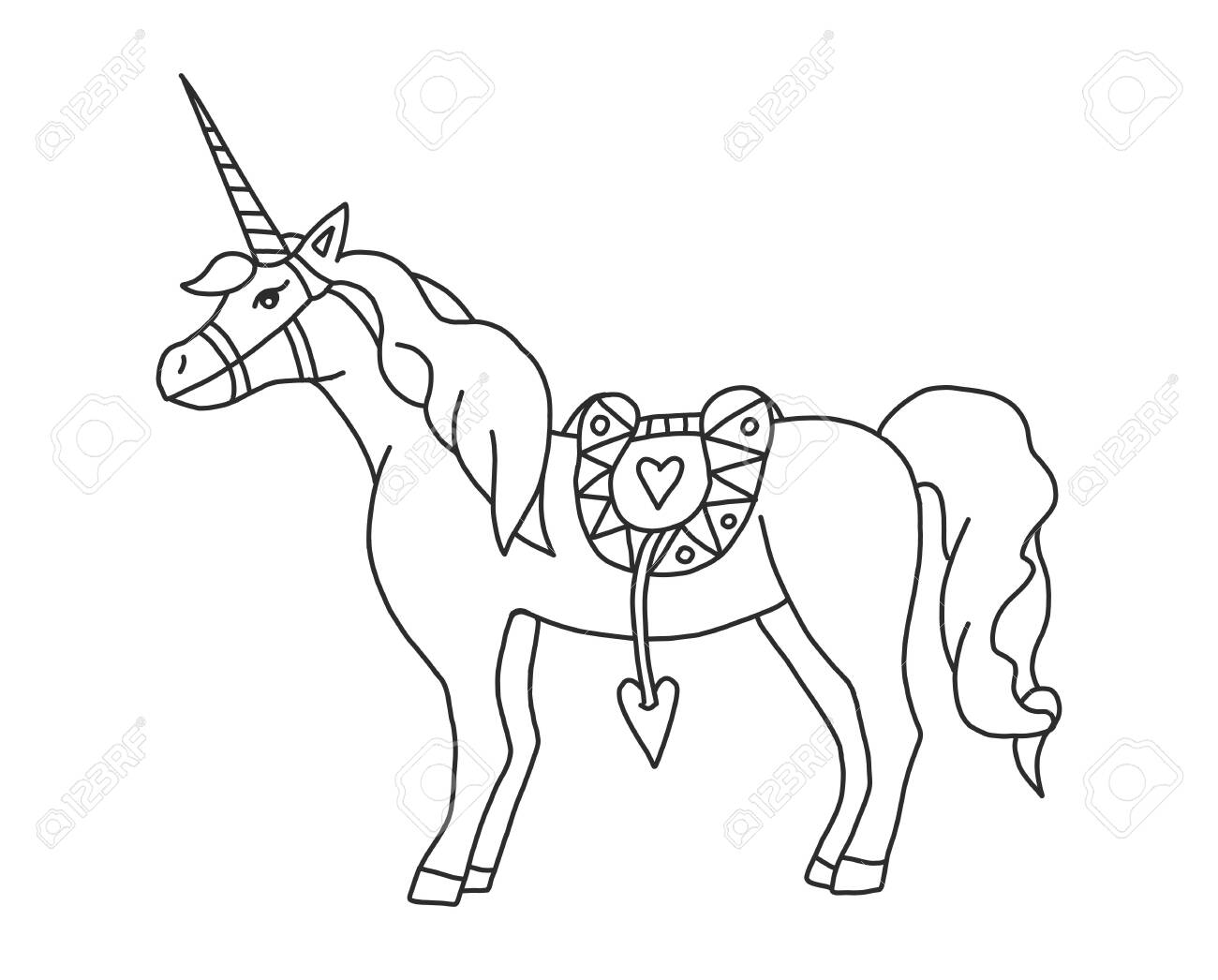 Vector coloring with realistic unicorn coloring pages for adults and children with a magic horse for creativity beautiful horse with a horn mane and saddle royalty free svg cliparts vectors and stock