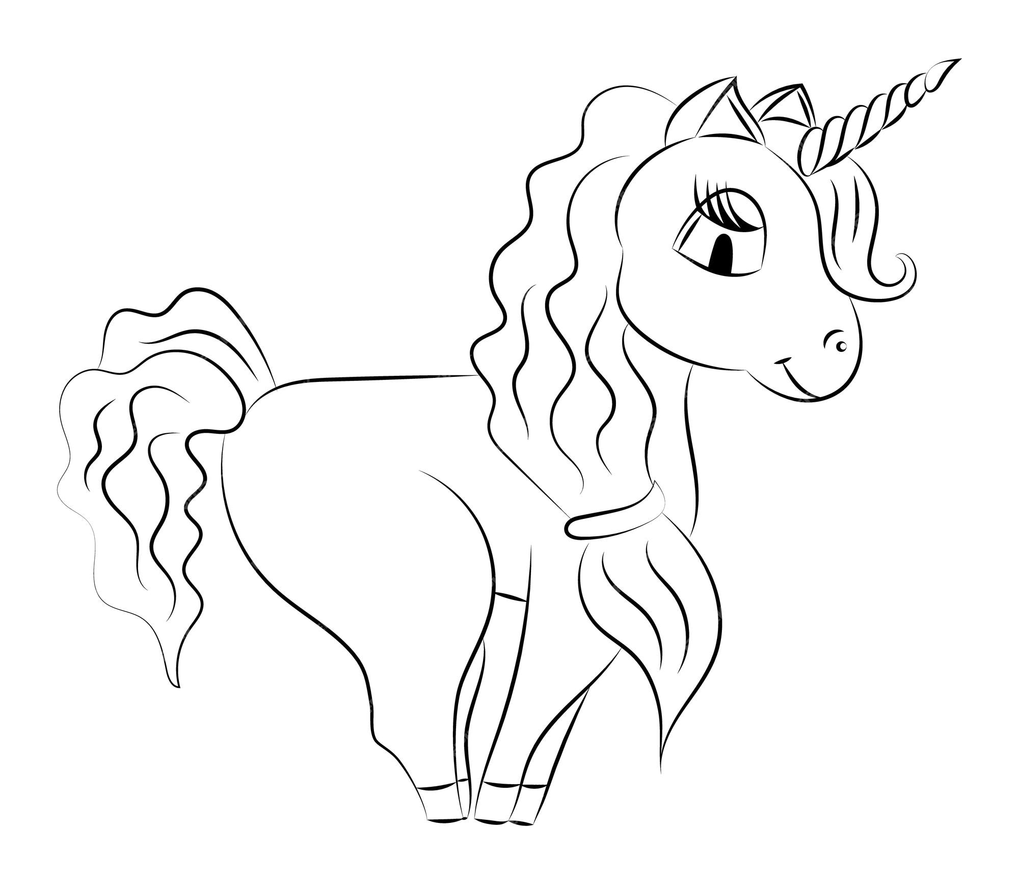 Premium vector unicorn coloring page concept vector magic horse with horn in line style for childrens coloring book cute girl unicorn