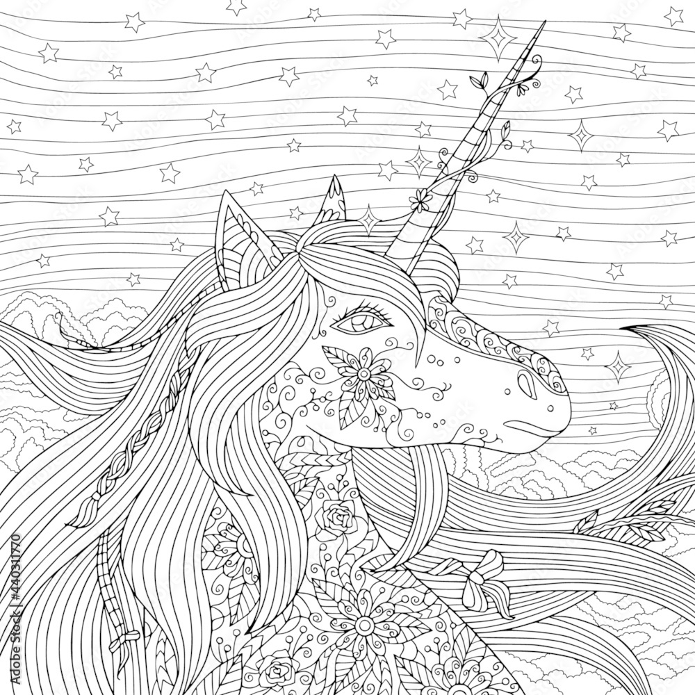 Beautiful unicorn coloring book page for adult fantasy horse with horn and night sky for meditation and antistress with doodle and zentangle elements vector outline illustration vector