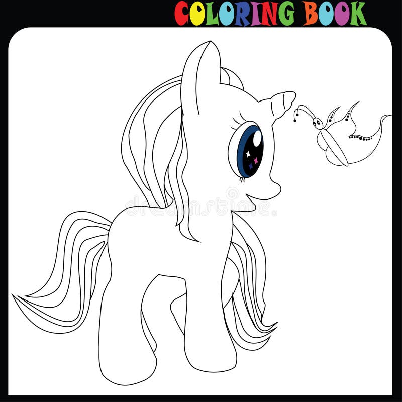 Coloring book young baby unicorn horse or pony theme with butterfly stock vector