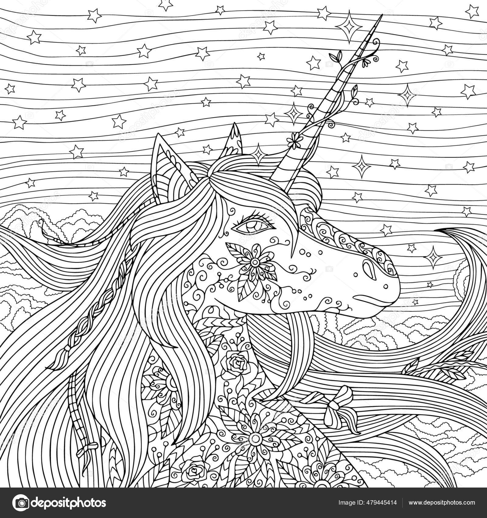 Beautiful unicorn coloring book page adult fantasy horse horn night stock vector by daniellabelaya