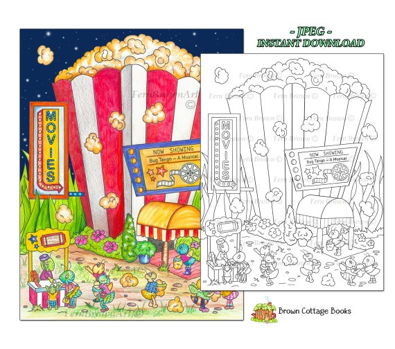Bugs coloring page insects instant download line art printable food bug popcorn theater by fern brown hand