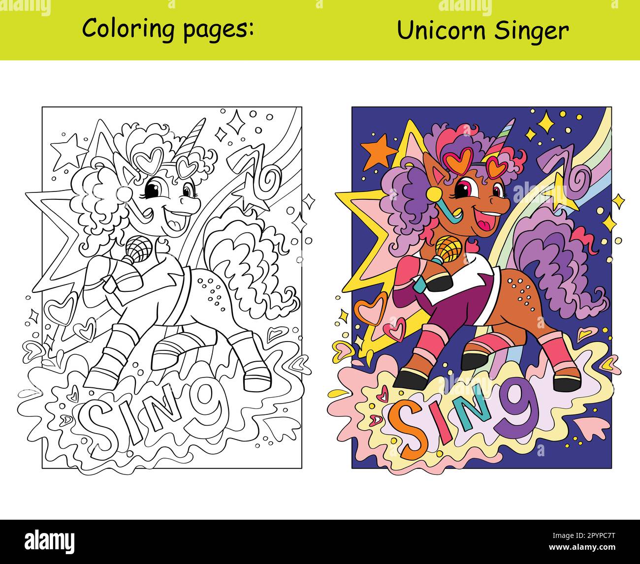 Cute beautiful unicorn pop star singer with lettering sing cartoon vector illustration kids coloring book page with color template for coloring ed stock vector image art