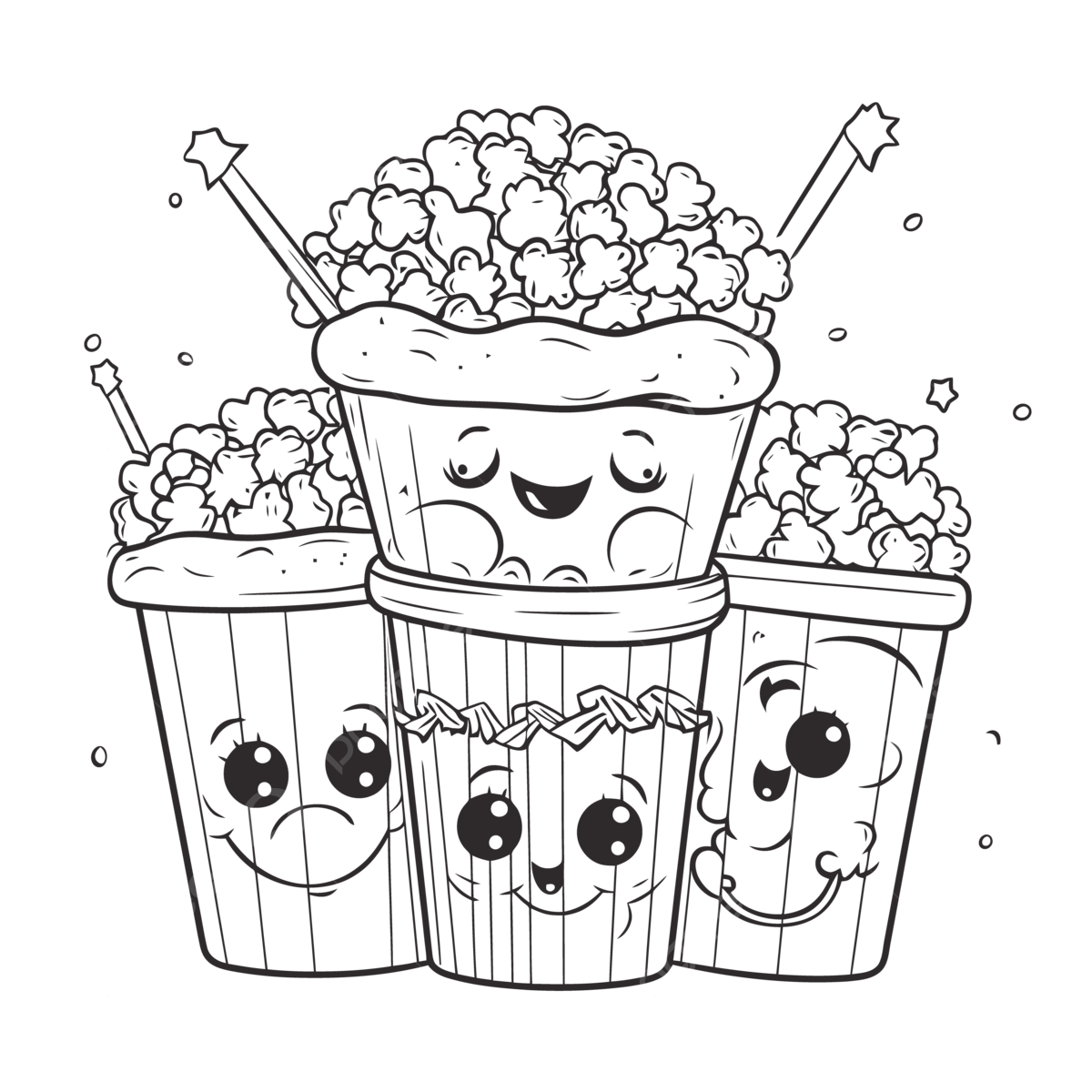 Coloring page of popcorn and soda with smiley faces outline sketch drawing vector wing drawing face drawing ring drawing png and vector with transparent background for free download