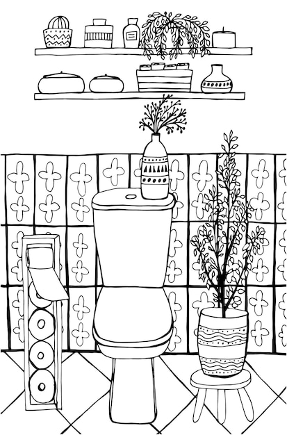 Premium vector toilet interior coloring page cute hand drawn coloring book with toilet furniture toilet paper house plants vase decorative tile shelves bottles candle