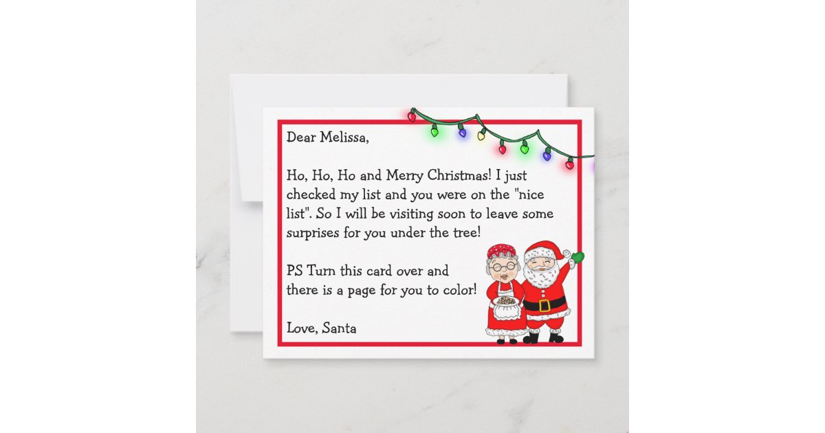 Letter from santa for kids coloring page on back postcard