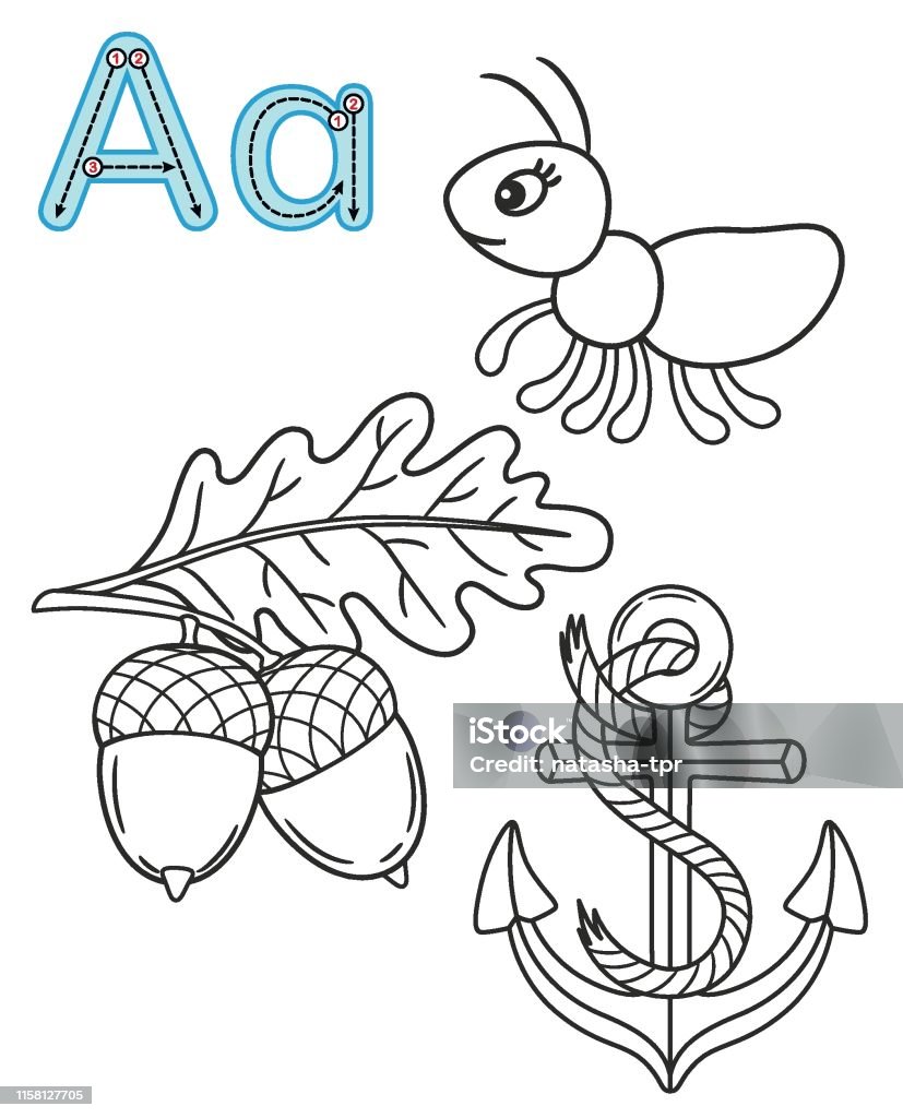 Letter a anchor ant acorn vector coloring book alphabet printable coloring page for kindergarten and preschool stock illustration