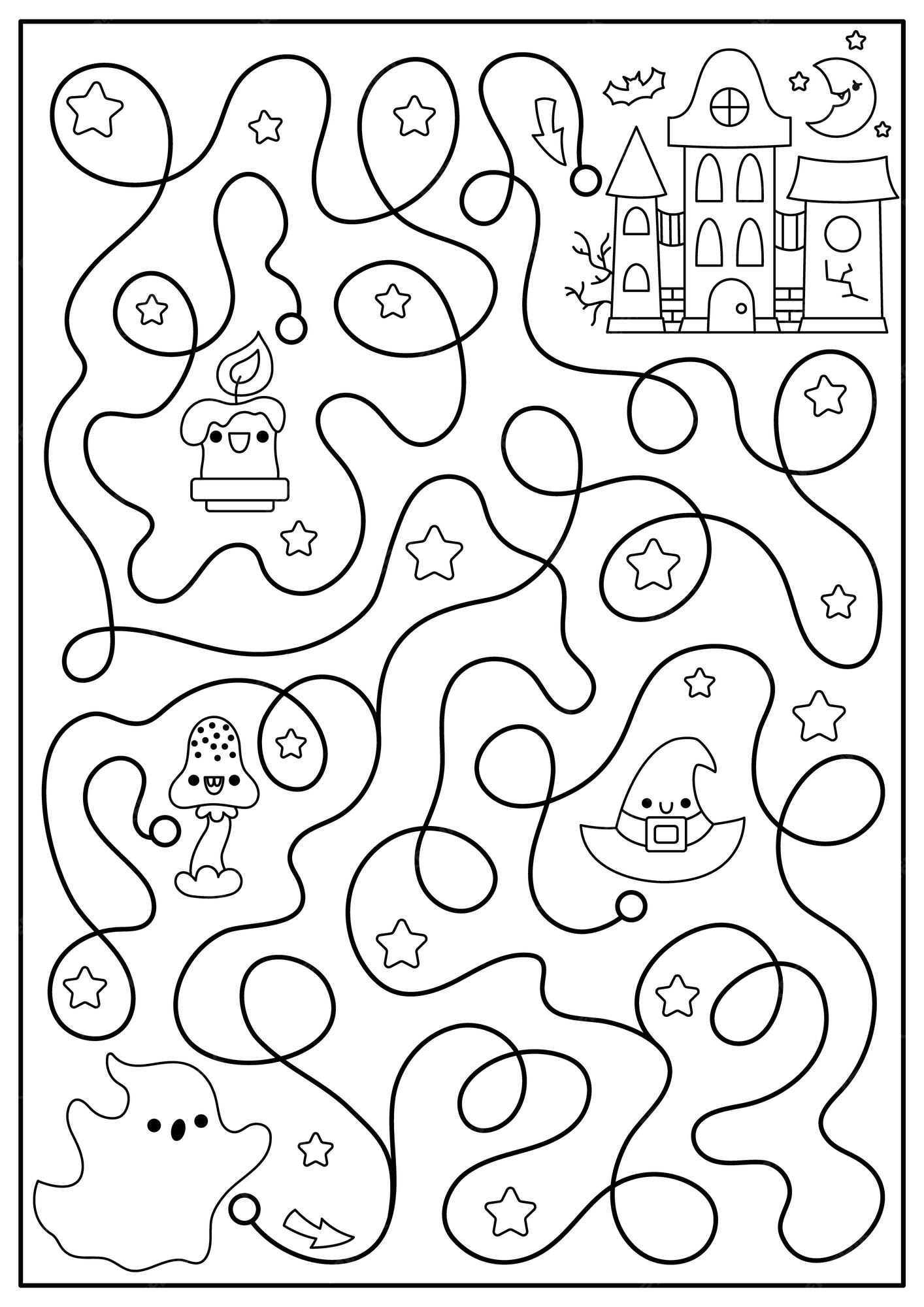 Premium vector halloween black and white maze for kids autumn holiday preschool printable activity with cute kawaii ghost and haunted cottage scary labyrinth coloring page all saints day worksheet