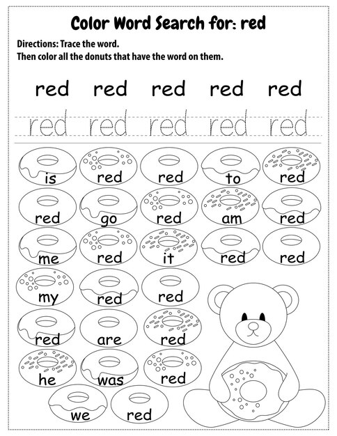 Premium vector sight words search educational worksheet for preschool and primary school learning coloring pages