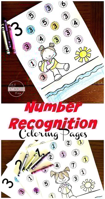 Free preschool summer number recognition coloring page worksheets